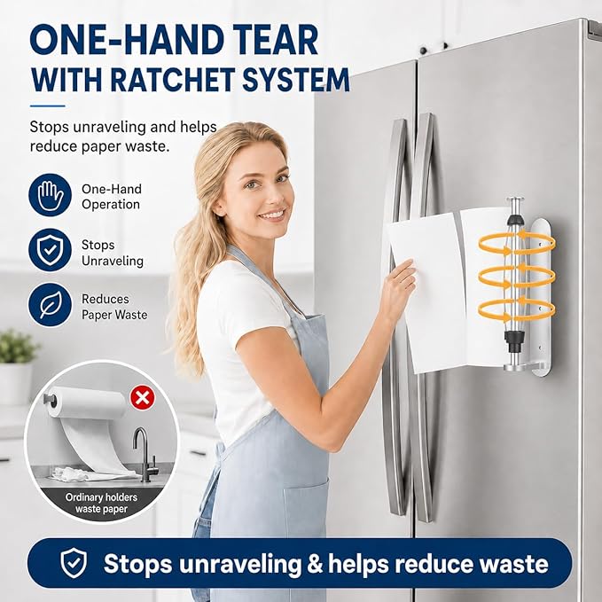 Magnetic Paper Towel Holder for Fridge-Great Adhesive Magnetic,One Hand Operable Paper Towel Holder,No Drill Wall Mount Hanging for Garage RV Kitchen (Silver)