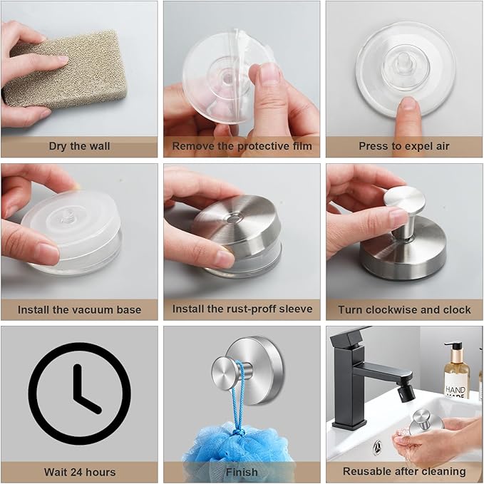 Herda Suction Cup Hooks for Shower Stainless Steel Suction Wreath Hanger for Glass Door No-Drill Removable and Reusable Suction Cup Hook for Loofah, Towel, Bathrobe, Holds Up to 15 Lbs - 4Pack, Silver