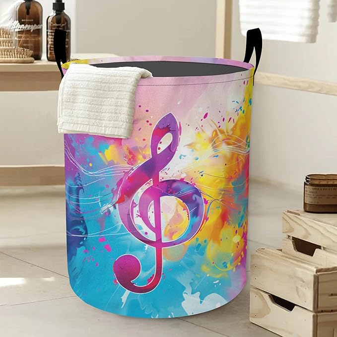 Colorful Music Symbols Laundry Basket-Large Foldable Hamper Holder Portable Tall Collapsible Laundry Hamper Storage Basket Bin with Handles, Canvas & Waterproof lining for Household Items