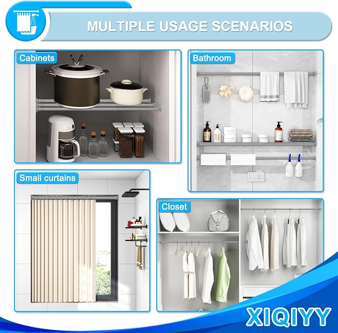 XQIYY Small Shower Curtain Rod 18 to 32 Inches Short Tension Curtain Rod Adjustable Spring Tension Rod for Closet,Doorway,Windows Grey
