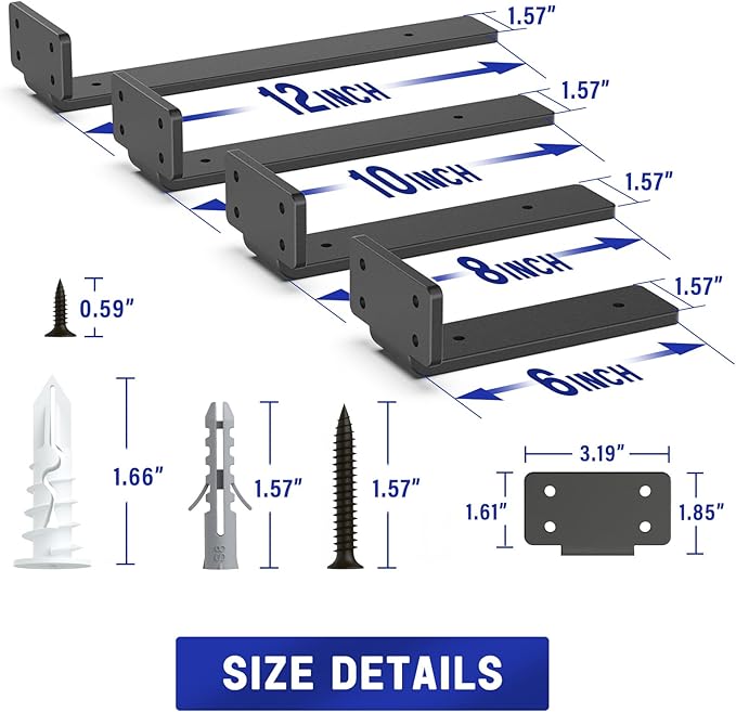 Goovilla Shelf Bracket, Heavy Duty Floating Shelf Brackets 8 inch Long, 12 Pack Brackets for Shelves, Black Coated Metal Wall Shelf Support Brackets with 1/5 Inch Thick and 160 lb. Load Capacity