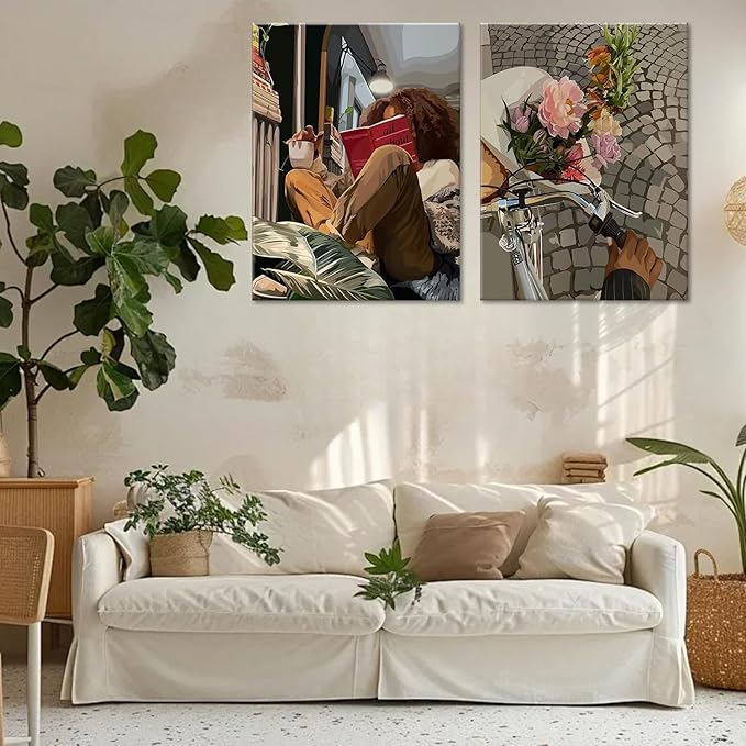 Modern African American Women Wall Art Set of 2,Cozy Reading & Bike Ride with Flowers Painting Canvas Prints,black woman Vintage Aesthetic Poster for Living Room, Bedroom, Office， Framed 12X16in