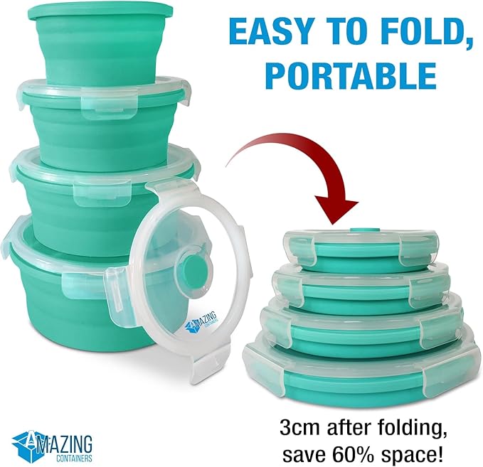 Set of 4 Silicone collapsible food storage containers with lids, Collapsible Bowls for Camping, Rv storage and organization, Rv Kitchen Accessories, BPA Free, Microwavable, Freezer, Dishwasher Safe