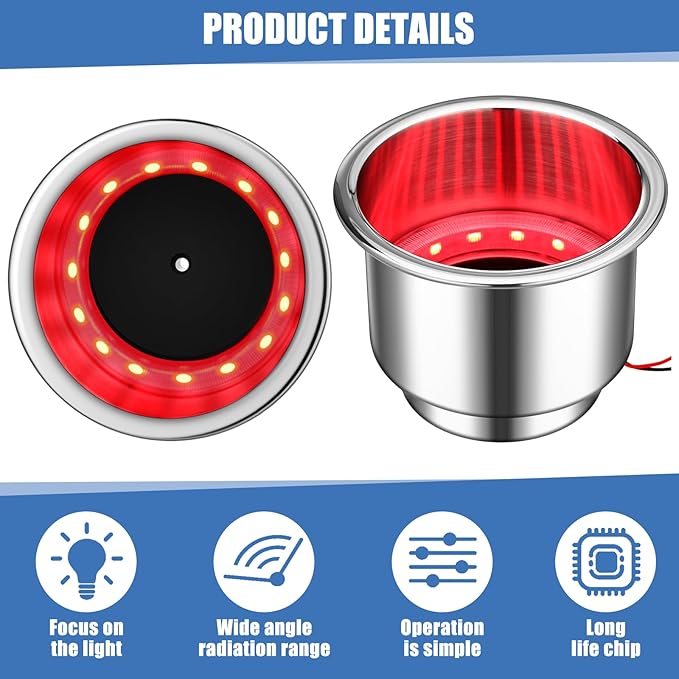 Yexiya 6 Pcs LED Cup Holder Marine Drink Holder Stainless Steel Cup Holders Insert with Drain for Boat Yacht Car Camper Truck RV(Red)