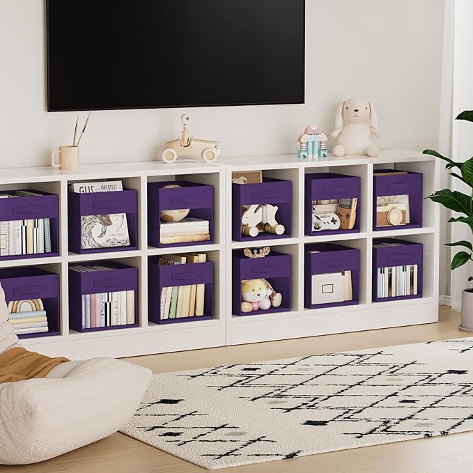 DIMJ Storage Cubes, Cube Storage Bin, 8 Pack Foldable Baskets with Window, Closet Storage Bins with Handle, 11x11 inch Storage Cubes for Clothes, Toys, Books (Purple)
