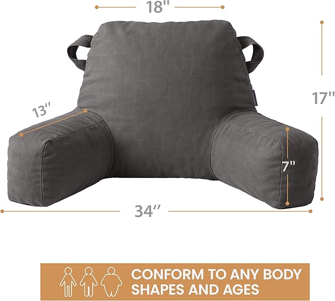 Portable Comfy Reading Pillows for Bed Sitting Up(Light Grey Oeko-Tex), Velvet Back Pillow with Arms & Pockets for Adults, Support Memory Foam Bed Pillow for Dorm/Reading/Watching/Gaming