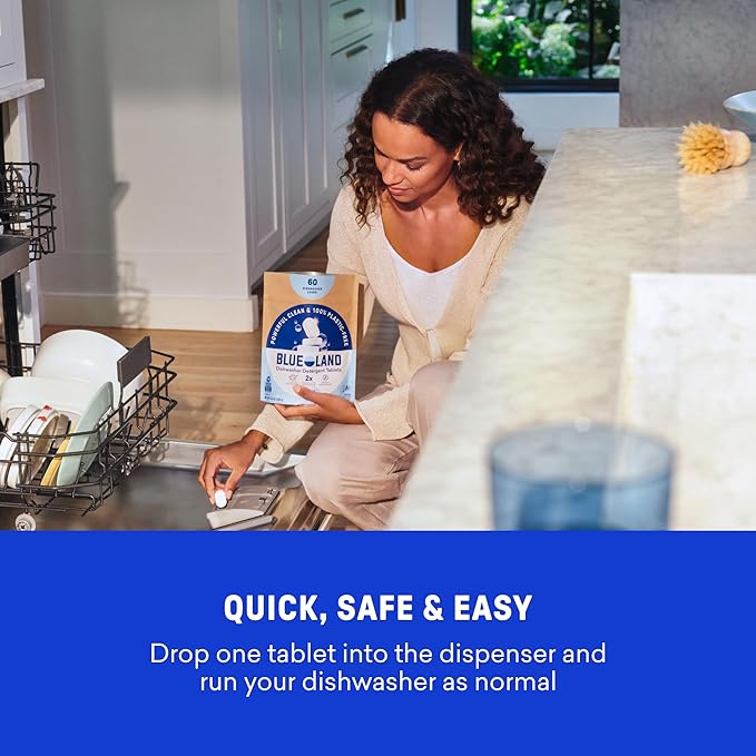 BLUELAND 100% Plastic-Free Dishwasher Detergent Tablets, 60 Count, Free & Clear, Eco-Friendly Dishwashing Pods, Natural, USDA Certified biobased