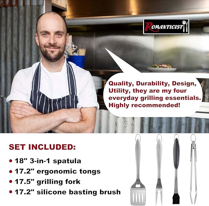 ROMANTICIST 4pcs Heavy Duty Grill Accessories for Top Chef - Professional Grill Tool Set & Basic BBQ Tools for Backyard Restaurant Outdoor Kitchen - Deluxe Grill Gift for Dad on Father’s Day Christmas