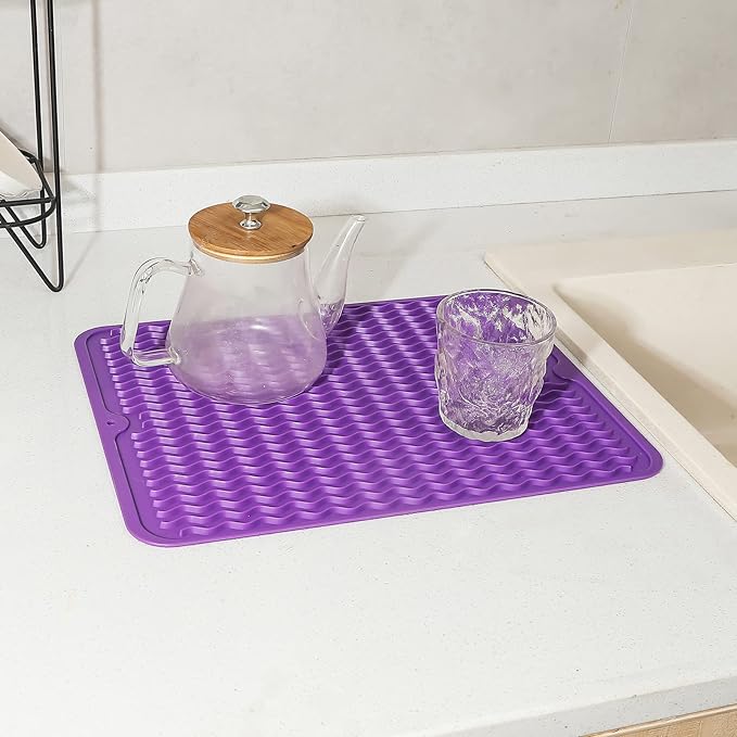 MicoYang Silicone Dish Drying Mat for Multiple Usage,Easy clean,Eco-friendly,Heat-resistant Silicone Mat for Kitchen Counter or Sink,Refrigerator or drawer liner Purple L 16 inches x 12 inches