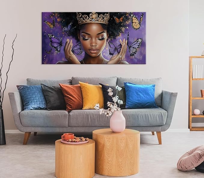 ZESTRILIA African American Wall Art for Girls Room Purple Black Butterfly Canvas Painting Prints Artwork Living Bedroom Office Decor (30x16 Inches)