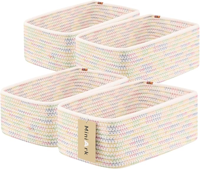 MiniArk Small Storage Baskets for Organizing | Closet Organizer Bins | Shelf Toy Basket | Woven Rope Baskets | Cube Decorative Box | Shallow Basket | 11.5x7.5x4.7” | 4 Packs Rainbow
