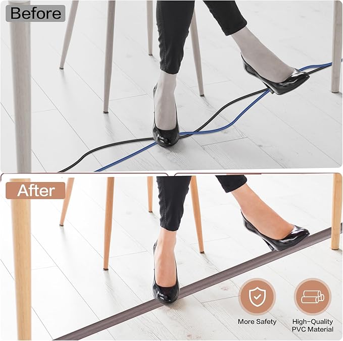 Floor Cord Cover Self Adhesive Cord Hider Floor Extension Cord Covers for Floor Power Cord Protector Cable Management Prevent Cable Trips Cable Cavity 0.32" W x 0.32" H (Brown Walnut Wood, 3.3Ft)