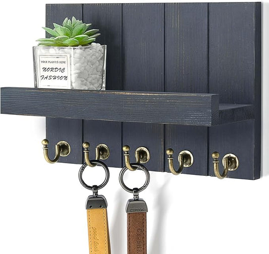 Rebee Vision Pine Wood Key Holder Wall Mount with Floating Shelf – Farmhouse Key Holder for Wall to Elevate Home Decor – Mail Organizer for Apartment Essentials (Royal Blue,3.54" x 10" x 7.28")