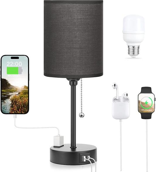 Dicoool Black Bedroom Lamp 3 Color Temperatures - Small Bedside Lamps with USB C and A Ports, Pull Chain Table Lamps with AC Outlet, Black Nightstand Light for Kids Sleeping