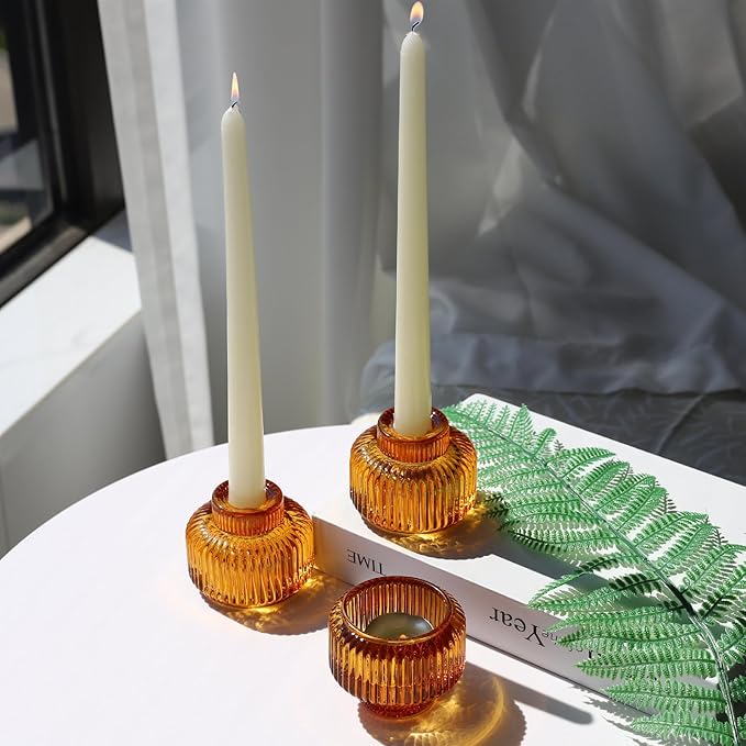 Woho Candlestick Holders Set of 4, Amber Votive Candle Holders for Fall Wedding Table Centerpiece, Ribbed Glass Taper Candle Holders for Dinner Party Halloween Thanksgiving Decor