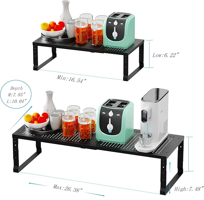 Expandable Spice Rack Kitchen Cabinet Shelf Organizer, Stackable Storage Shelves Racks, Adjustable Counter Shelving for Cabinets, Countertop, Cupboard, Pantry and More (1 Pack/Black/Large)