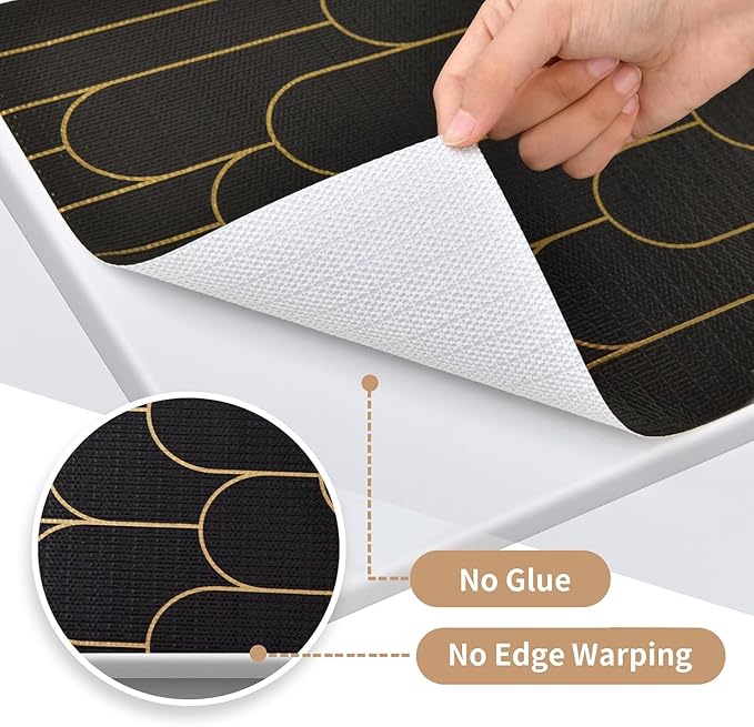 Shelf Liners for Kitchen Cabinets Drawer Liner 12in x 20FT Non Adhesive Black Gold Line Thickened Refrigerator Shelf Liner Paper Strong Easy to Clean for Tool Box with Knife and Tape Measure