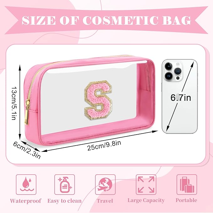 Personalized Initial Letter Clear Makeup Bag, Preppy Small Nylon & PVC Cosmetic Zipper Bag with Chenille Letter, Portable Beach Travel Skincare Toiletry Bag, Trendy Monogram Gift for Teen Girls Women, S