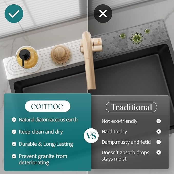 Diatomite Kitchen Faucet Mat - 14Inch Water Absorbing Stone Tray for Sink, Stone Fast-Drying Faucet Mat for Kitchen Counter Sink Accessories (Light Grey, 14'' x 3.9'')