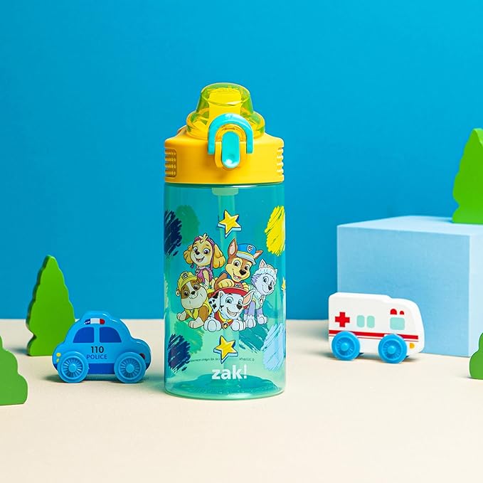 Zak Designs PAW Patrol Sage Water Bottle For School or Travel, 16oz Durable Plastic Water Bottle With Straw, Handle, and Leak-Proof, Pop-Up Spout Cover (Chase, Marshall, Skye, Rubble, Everest)