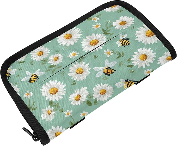 Car Tissue Holder Car Napkin Holder Car Tissue Box Dispenser Storage Case Sun Visor Mask Holder with Adjustable Straps Reusable Refillable Mint Green Daisy Flowers and Bees