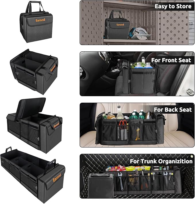 EAROND Large Trunk Organizer with Portable Leakproof Cooler Bag, Foldable Cover, Adjustable Securing Straps, Collapsible Trunk Organizer for SUV Car Truck Sedan (4-in-1 with Cooler)