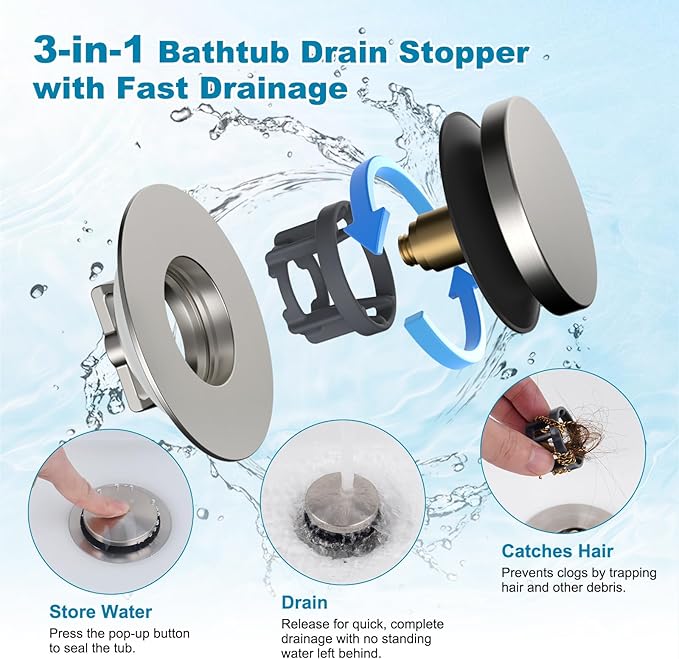 Hibbent 3 in 1 Metal Bathtub Drain Stopper, Universal Pop Up Tub Stopper, Bathtub Drain Hair Catcher, Removable Filter Basket, Drain Plug for 1.5''~2.4'' Drain, Brass Bullet Core, Brushed Nickel