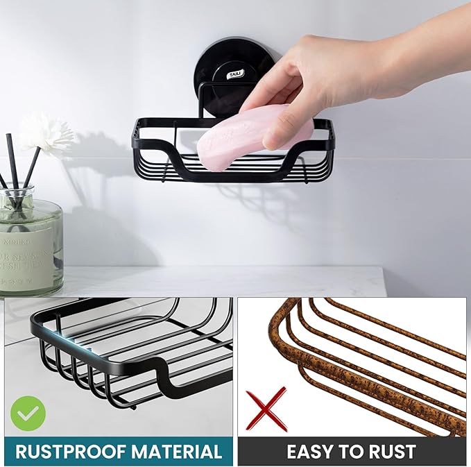 TAILI Soap Holder Dish Suction Cup, Bar Shampoo Rack for Shower Wall, Draining Soap Saver Tray for Bathroom, Rustproof Stainless Steel Sponge Holder for Tub, Kitchen, Drill-Free, Black