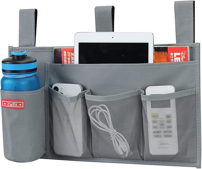 Hanging Bedside Caddy, Bedside Storage Organizer for Magazine, Phone, Remote control (5 Pockets-Grey)