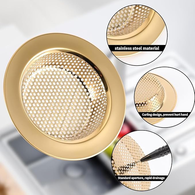 RQYEKDO Kitchen Sink Strainers Sink Stopper Kits, Stainless Steel Sink Drain Strainer Set, Large Wide Rim 4.4" Diameter Food Catcher Garbage Disposal Plug for Most Sink Drains Basket Filter (Gold)