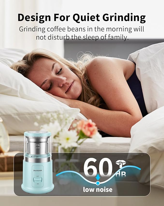 SHARDOR Quiet Coffee Grinder Electric, 70g Removable Bowl Spice Grinder for Coffee Beans, Seeds and Grains, Super Silent Grinding Mill with 60dB Low Noise, 2.5oz Capacity, Blue