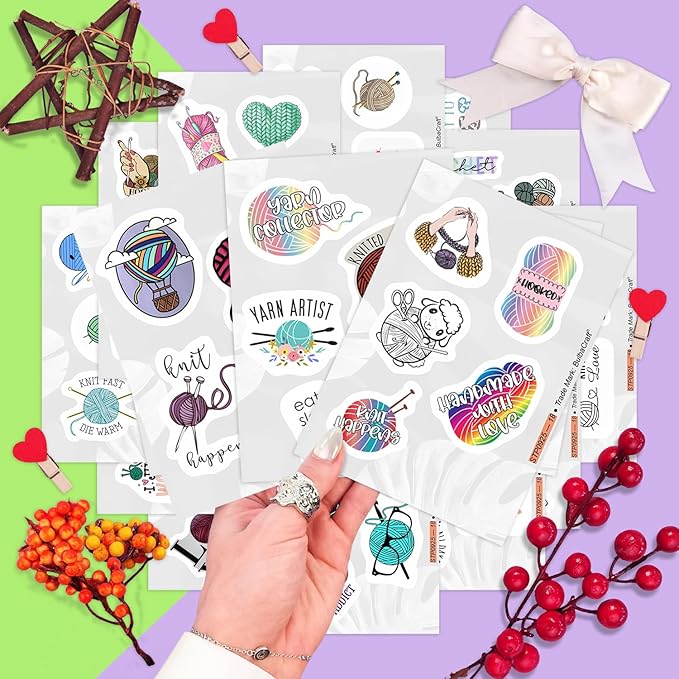 BulbaCraft 100Pcs Crochet Stickers and Knitting Stickers for Water Bottle and Laptop - Waterproof Vinyl Yarn Decals Laptop Decals, Gifts for Women & Men