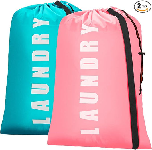 Isink Heavy Duty Laundry Bag with Strap,2 Pack Travel Laundry Bags for Dirty Clothes,24" x 36" Large Laundry Bag for Traveling,Camping,Dorm (Cyan + Pink)