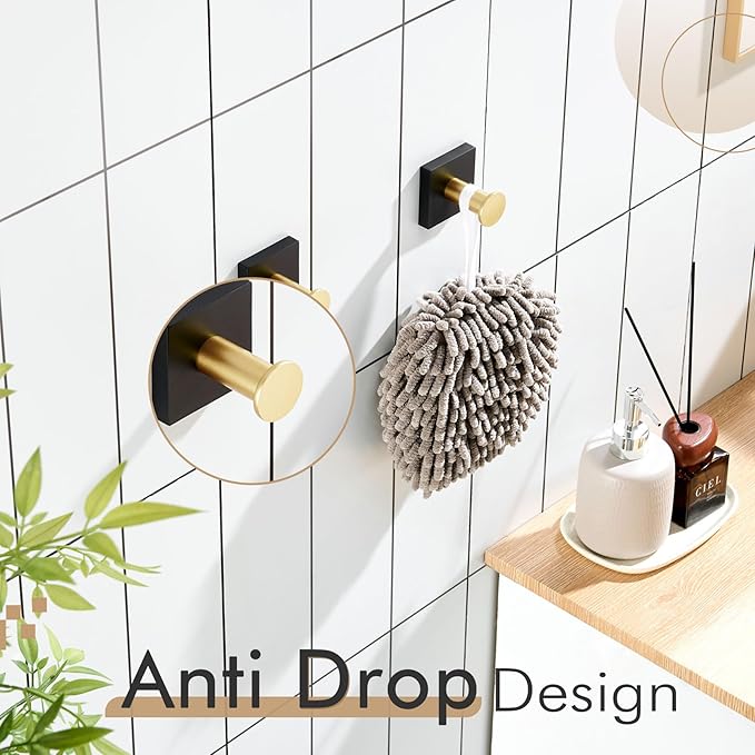 KOKOSIRI Robe Hooks Bath Towel Hooks for Wall Closet Kitchen Hanging Towels Bathroom Hardware Black with Gold Stainless Steel 2 Pack, B1016GDK-P2
