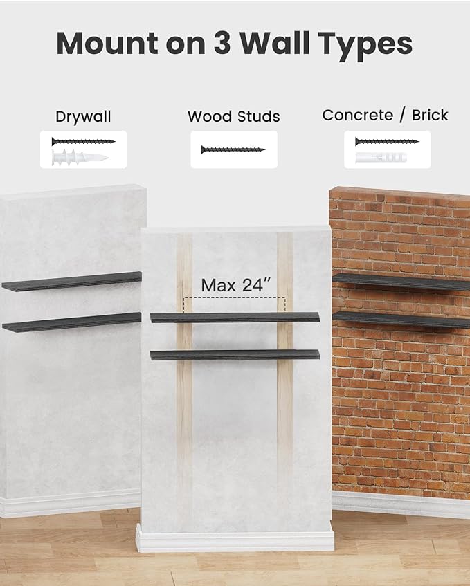 AMADA HOMEFURNISHING Floating Shelves Wall Mounted, 47 x 8 Inch Wall Shelves for Bathroom, Bedroom, Living Room, Black Shelves Set of 2