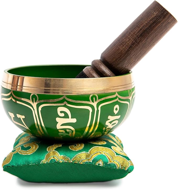 Tibetan Singing Bowl Set - Authentic Handcrafted Mindfulness Meditation Holistic Sound 7 Chakra Healing by Himalayan Bazaar (Emerald)
