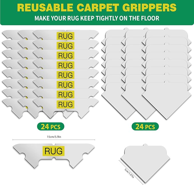 FLUOTINE 48 PCS Carpet Tape, Non-Slip Carpet Pads for Area Rugs on Hardwood Floors, Laminate, Tile, LVP Floors, Reusable and Removable Rug Corner Pads with No Residue