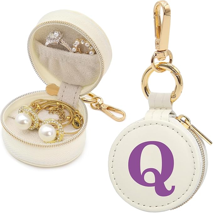 Mini Initial Travel Jewelry Case Ring Holder, Beige Faux Leather Small Jewelry Organizer Box Gifts for Women Girls Nurse Teacher, Gym Travel Accessories Keychain Pouch for Earrings Rings Necklace Q