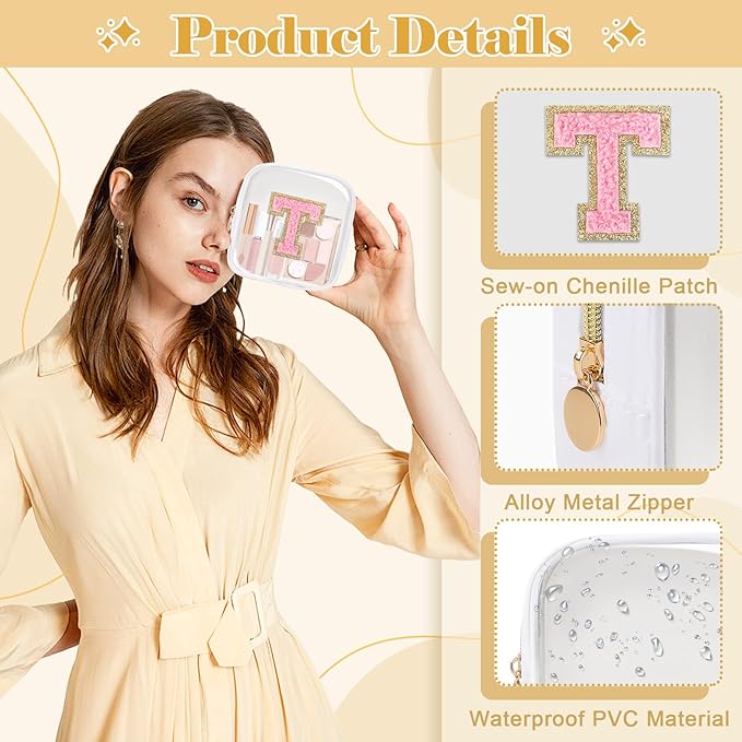 Personalized Initial Letter Clear Preppy Makeup Bag, Mini Nylon Chenille Letter Cosmetic Bag, Cute Zipper Pouch Purse for Teen Girls, Portable TSA Approved Beach Travel Essentials Bag, Gift for Women, T