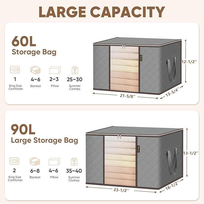 BALEINE 6 Pack Clothes Storage Bags, 16 Gallon Storage Containers with Reinforced Handle, Sturdy Zipper, Closet Organizer for Blanket, Comforter, Pillow, Bedding (Grey, 6 Pack)