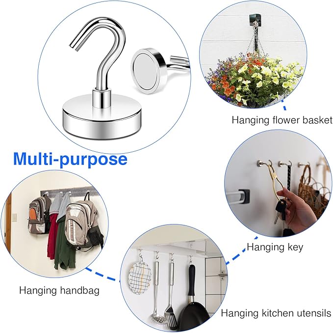 DIYMAG Magnetic Hooks Heavy Duty, 85 LBS Neodymium Magnet Hooks for Cabins, Kitchen, Workplace, Office, Garage and Indoor Hanging, Silver, Pack of 6