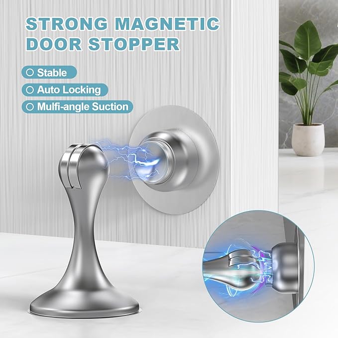 Magnetic Door Stoppers 6 Pack, Stainless Steel Door Stops for Wall and Floor Mounting, Door Holder Keep Door Open, No Drilling Door Stop with 3D Adhesive Tapes, Silver