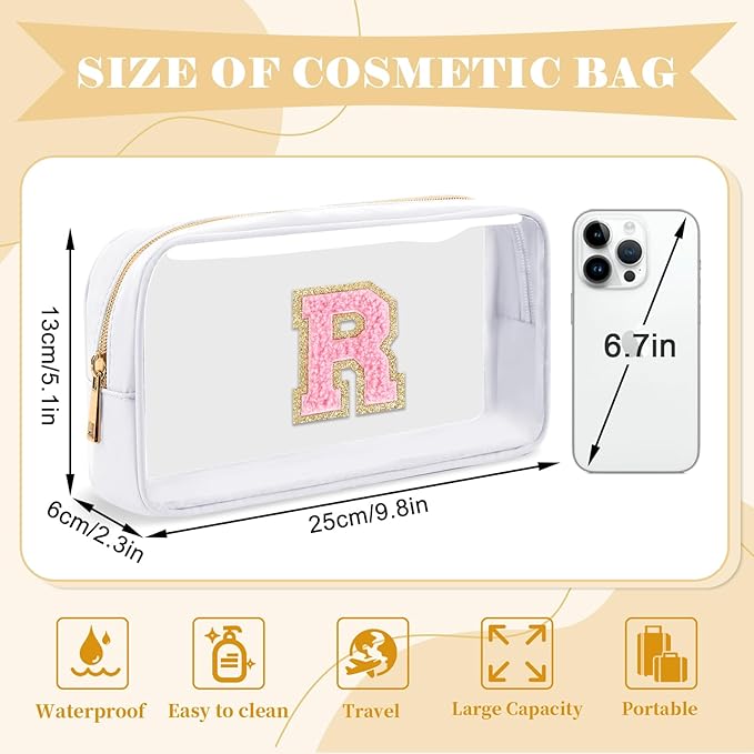 Personalized Initial Letter Clear Makeup Bag, Preppy Small Nylon&PVC Cosmetic Zipper Bag with Chenille Letter, Travel Skincare Toiletry Bag, Monogram Christmas Gift for Teen Girls Women, R