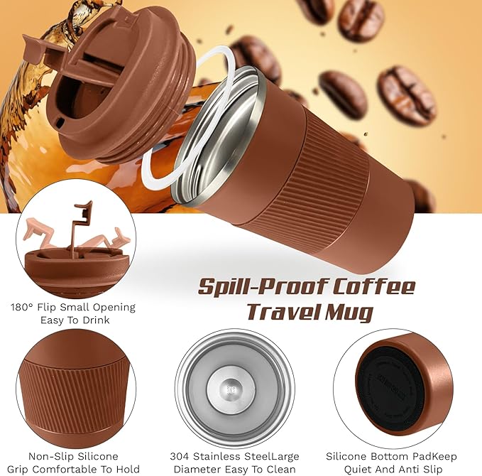 SPLMIFA Vacuum-Insulated Stainless Steel Travel Coffee Mug, Leak-Proof Reusable Coffee Cup with Lid-Keep Hot & Cold Drinks for Hours, Durable Insulated Tumbler for Men & Women(3rd-Light Coffee, 12OZ)