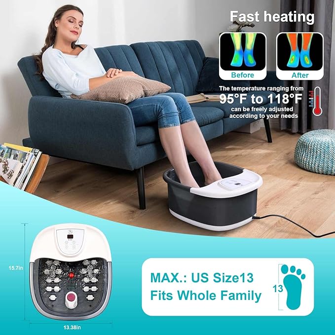 Foot Spa Bath Massager with Heat, Foot Bath with 22 Massage Rollers, Temperature Control, Jets, Bubbles, Epsom Salt and Vibration. Foot Soaking Tub for Relaxation - Grey