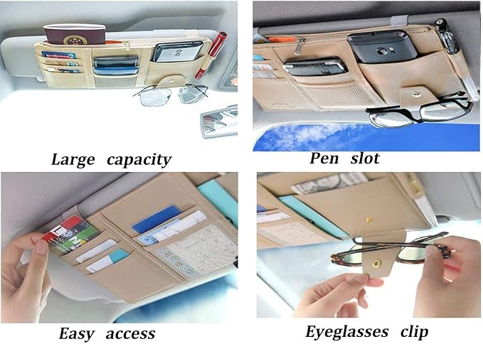 Car Sun Visor Organizer, Auto Car Interior Leather Accessories Storage Pocket Sun Visor Pouch Case Bag for Card License Registration Pen Mobile Phone Bill Note Key Document (Beige)