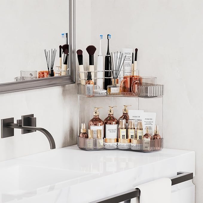 2-Tier Corner Bathroom Counter Organizer with Top Toothbrush Holders, Large Makeup Organizer Countertop with Brush Holder, Skincare Organizers Corner, Exquisite Vanity Organizer (Gray, 2 Tier)