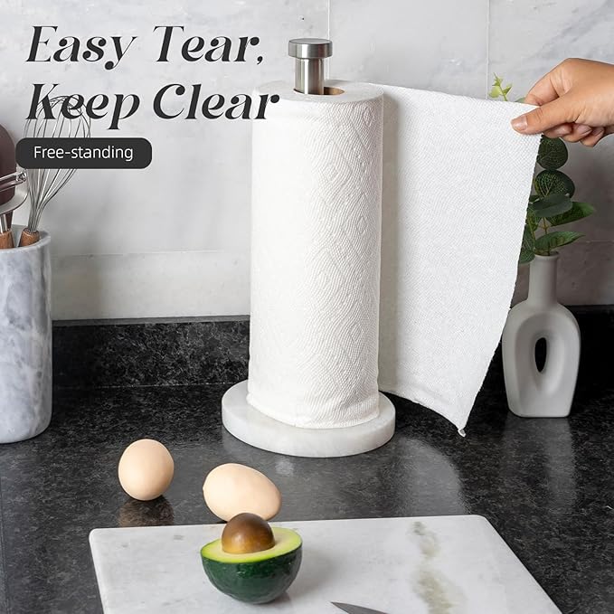Koville African Genuine Marble Paper Towel Holder Countertop, 6" Stone Base Silver Rod Paper Towel Holder Stand for Kitchen Storage, for Standard or Jumbo-Sized Rolls