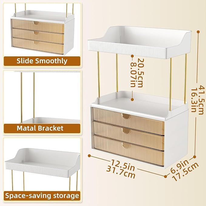3 Drawers Makeup Organizer - 5 Tier Bathroom Organizers and Storage, Versatile Perfume Vanity Organizer, Ideal for Cosmetic, Large Skincare, Face Mask, Office Supplies, Amber