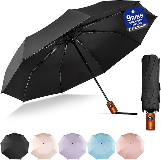 SoulRain Strong Windproof Travel Umbrella with Wooden Handle, Automatic Open Close Compact Folding for Rain & Sun UV Protection, Lightweight Durable Portable for Car, Backpack, Women & Men